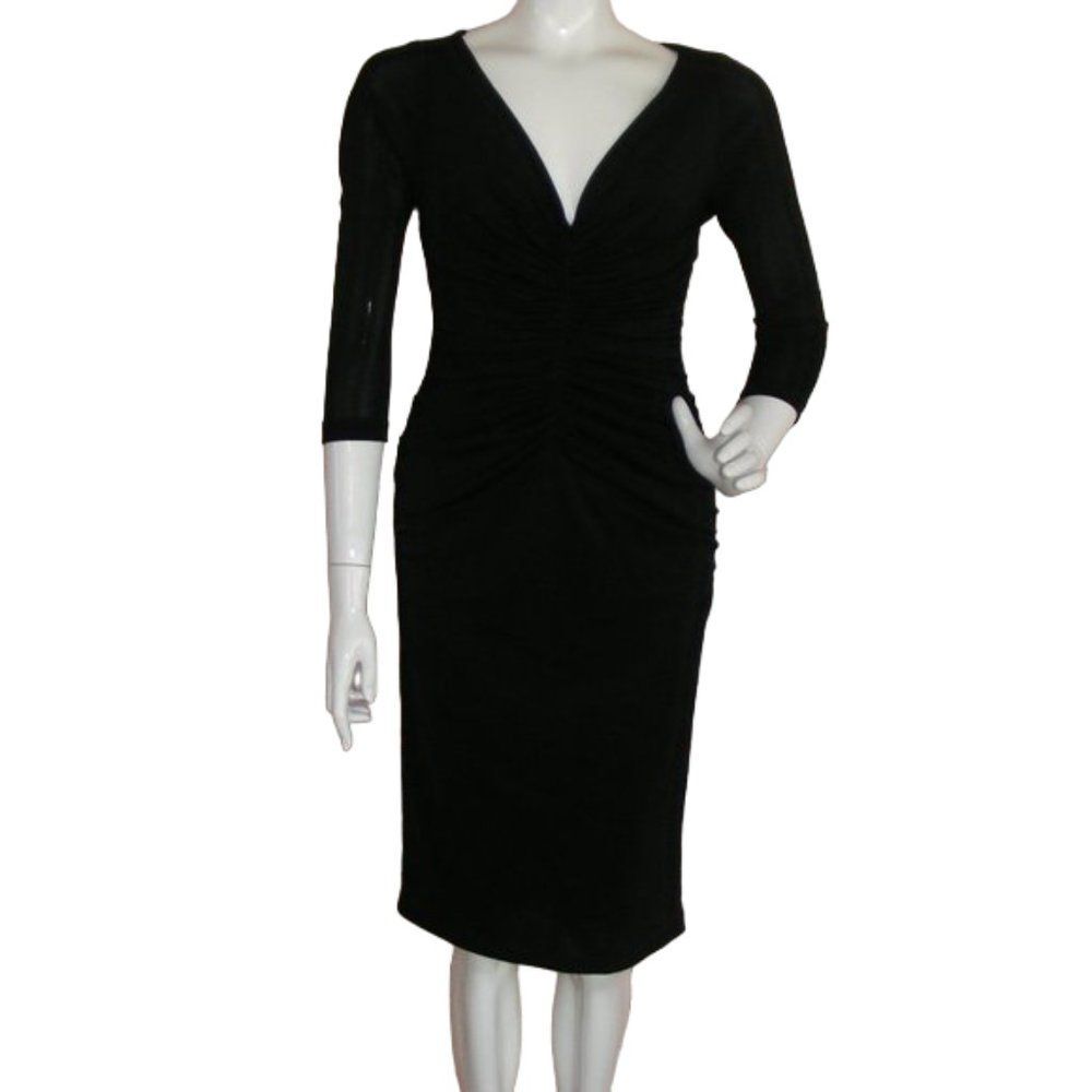 TADASHI Dress, M, Black, Ruched front, V-neck, 3/4 sleeves. Vintage 80s